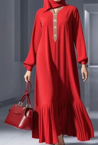 3d fashion drawing for Muslim hejab long maxi  reddress with pelisse and many plated on the the end of dress.with plated on the dress with  red with pelisse  and plated with shoes with with a  red col