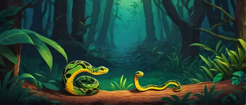 Craft a heartwarming tale where Kaa the snake befriends a lost child and guides them safely through the wilderness.,green tree python,frog background,swampy landscape,tree python,game illustration,car