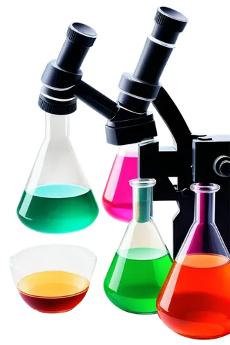 Microscope, laboratory equipment, science tools, various beakers, test tubes, Petri dish, colorful liquids, steam rising, subtle lighting, shallow depth of field, warm color tone, cinematic compositio