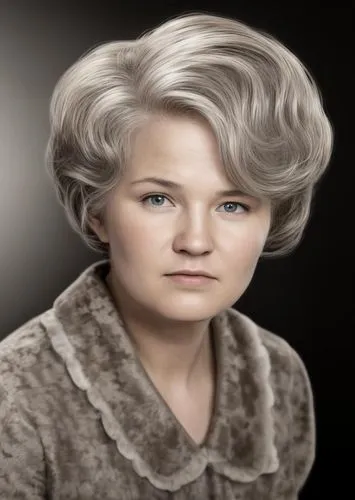 a woman with grey hair in front of a black background,ceausescu,lyudmila,korosteleva,colorization,shashkova,linnen,Common,Common,Natural