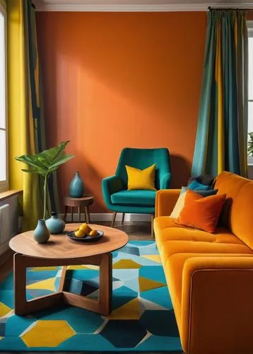 teal and orange,mahdavi,mid century modern,aperol,saturated colors,yellow orange,defence,orange,vibrant color,interior decoration,interior decor,contemporary decor,modern decor,warm colors,ochre,apartment lounge,mid century,an apartment,sitting room,interior design,Art,Artistic Painting,Artistic Painting 06