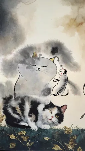 chinese pastoral cat,vintage cats,amano,cumulus,calico cat,rain cats and dogs,joseph turner,cat sparrow,dali,two cats,japanese art,oriental painting,chinese art,zao,cat family,cattles,white cat,aegean