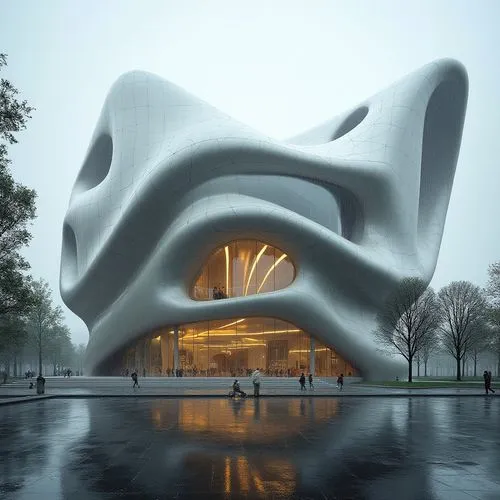  ,a large building with a large wavy body next to a lake,futuristic art museum,futuristic architecture,morphosis,soumaya museum,bjarke,safdie