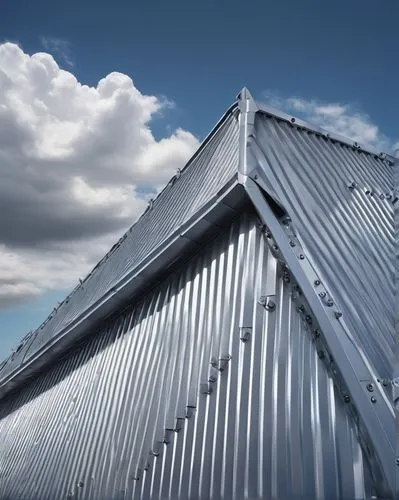 Architectural, modern building, standing seam metal roof, industrial look, silver-gray color, corrugated texture, symmetrical composition, low-angle shot, dramatic lighting, clouds and blue sky in the