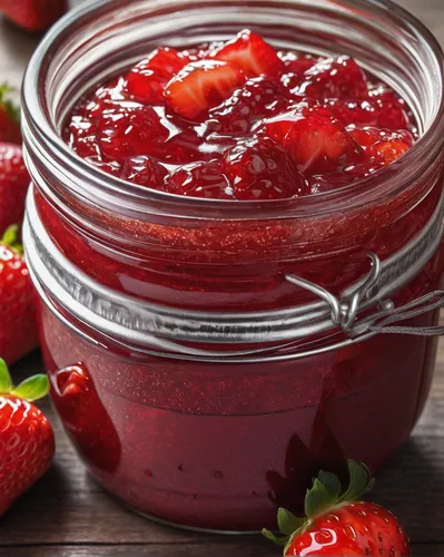 1 jar, strawberry jam, glossy texture, vibrant red color, fruit pieces visible, glass material, silver lid, reflective surface, kitchen setting, wooden table, morning light, soft shadows, close-up sho