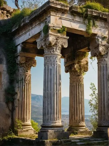 roman columns,temple of diana,greek temple,pillars,pillar capitals,doric columns,columns,roman temple,colonnades,peristyle,panagora,kykuit,erechtheus,garni,three pillars,temple of hercules,ephesus,artemis temple,pergamum,columned,Illustration,Realistic Fantasy,Realistic Fantasy 46