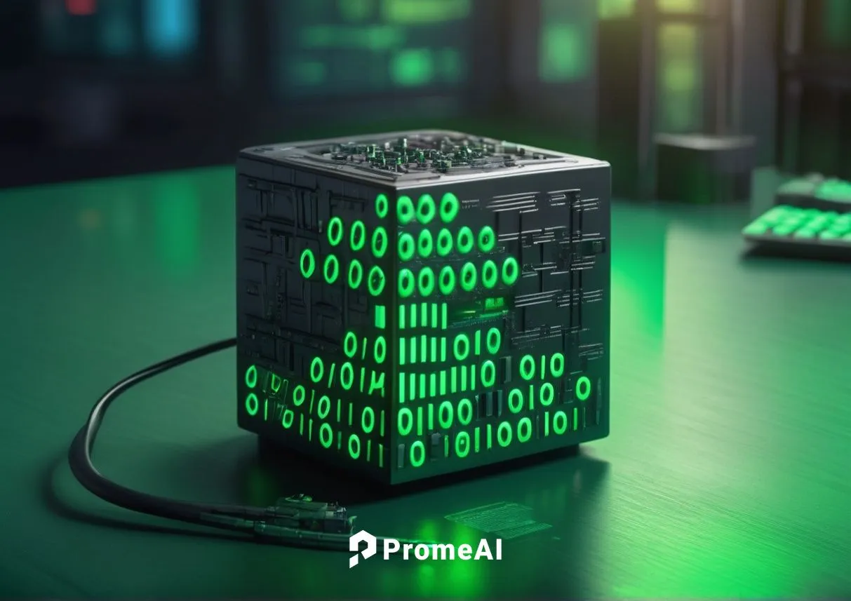 black cube on a desk with green coding on the outside, glowing green, ,pixel cube,matrix code,circuit board,matrix,magic cube,crypto mining,kasperle,desktop computer,3d render,cinema 4d,cube backgroun