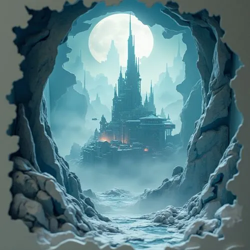 Mistyc alien planet with futurisrtic building. Fog, cold atmosphere, visible moons,a strange picture of a castle in the sky,ravenloft,fairy tale castle,castlevania,ghost castle,ice castle,shadowgate,h