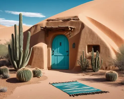 Navajo Hogan, adobe structure, earthy tone, natural material, rounded doorway, wooden ladder, traditional patterned rug, vibrant turquoise door decoration, desert landscape, sandy dunes, cacti, blue s