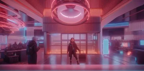 a video game scene of a woman walking through a building,alchemax,retro diner,cyberia,star-lord peter jason quill,terminals,neon human resources,Photography,General,Sci-Fi