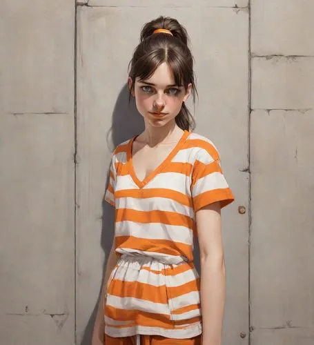 clementine,prisoner,horizontal stripes,detention,orange,child portrait,portrait of a girl,burglary,striped background,the girl in nightie,girl in overalls,child girl,the little girl,pajamas,prison,handcuffed,stripes,striped,money heist,girl in t-shirt,Digital Art,Comic