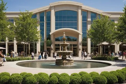 Addison IL, architectural mall, modern exterior design, sleek glass façade, grand entrance with revolving doors, intricately designed fountain at the center, lush greenery surrounding, pedestrian walk