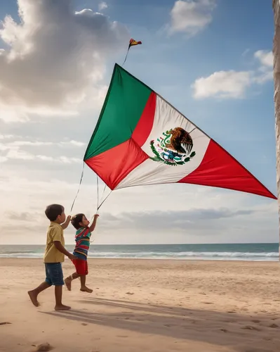 Write a whimsical scene where children play with a kite shaped like the Mexico flag's eagle.,mexico,mexican holiday,mexican,baja california sur,tijuana,mexican tradition,mexican culture,cinco de mayo,