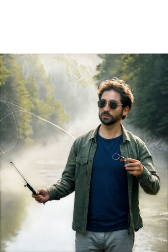 man, casual clothing, outdoor, relaxed posture, sunglasses, messy hair, beard, holding fishing rod, free fly casting, water splashing, morning sunlight, misty atmosphere, 3/4 composition, soft focus, 