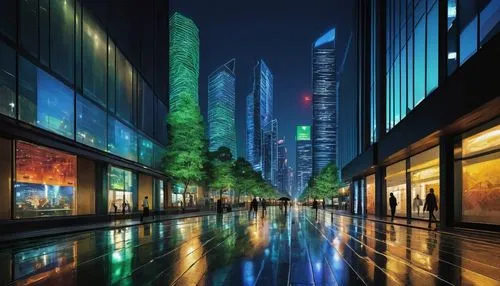 guangzhou,cybercity,cityscape,city at night,futuristic landscape,chengdu,tokyo city,urbanworld,songdo,tokyo,shinjuku,shanghai,city scape,cityzen,business district,hypermodern,glass building,skyscrapers,world digital painting,citycenter,Illustration,Japanese style,Japanese Style 05