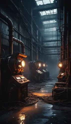 Dystopian generator, industrial machine, metallic structure, intricate pipes, steam emission, LED lights, futuristic design, abandoned factory, dark atmosphere, dim lighting, foggy surroundings, misty