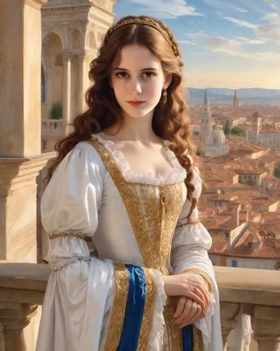 princess sofia,taormina,venetia,girl in a historic way,romantic portrait,la violetta,portrait of a girl,hallia venezia,emile vernon,cinderella,cepora judith,rapunzel,isabella,renaissance,lacerta,almudena,victoria,young woman,artemisia,della,Digital Art,Classicism