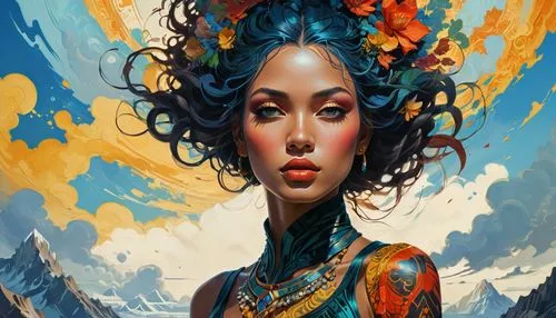 fantasy portrait,world digital painting,fantasy art,boho art,rosa ' amber cover,mystical portrait of a girl,fantasy woman,oriental girl,oriental princess,moana,digital painting,geisha,flora,geisha girl,digital art,psychedelic art,cleopatra,aquarius,blue enchantress,warrior woman,Illustration,Realistic Fantasy,Realistic Fantasy 06