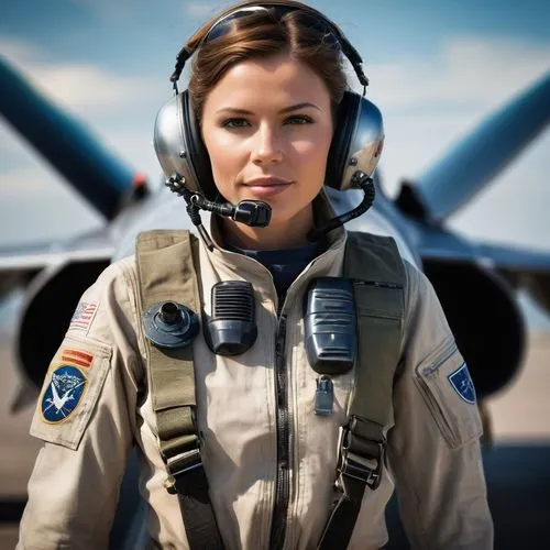 Before a parkt jet fighter in silver on wet tarmac, a female pilot is standing in full modern flight gear ,fighter pilot,airman,flight engineer,blue angels,us air force,drone operator,united states ai