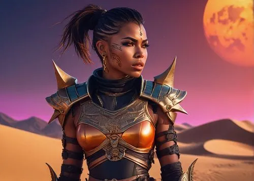 Desert landscape, Khajiit woman, 25yo, slender athletic build, dark skin, golden eyes, intricate facial tattoos, black hair in ponytail, leather armor, metal shoulder pads, worn boots, holding a pair 