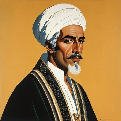 an arabic men charachter portrait,,an image of a man with a white turban and a mustache,khorramshahi,avicenna,maimonides,ferdowsi,gholamhussein,nasimi,abdeljilil,qassis,nasruddin,reyshahri,mohammadiye