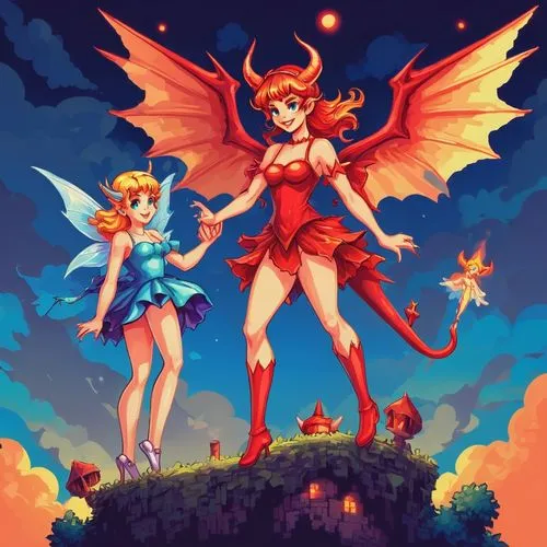 darkstalkers,angel and devil,parodius,gainax,angels of the apocalypse,devilman,harpies,touhou,fire angel,angels,senshi,cupids,heaven and hell,gurren,fairies,bombshells,fairy stand,valkyries,angelfire,reinas,Unique,Pixel,Pixel 05