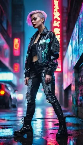 Cyberpunk cityscape, futuristic skyscrapers, neon lights, misty atmosphere, rainy night, puddles reflecting neon hues, free-spirited young woman, short spiky hair, bold red lipstick, ripped denim jack