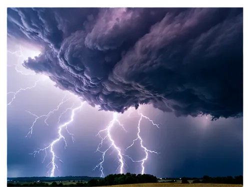 Dark purple storm clouds, ominous, dense, thick, towering, anvil-shaped, lightning illuminating, heavy rain pouring down, strong wind blowing, dramatic lighting, cinematic composition, wide-angle lens