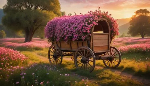 flower cart,flower car,flower delivery,wooden carriage,carriage,covered wagon,Photography,General,Cinematic