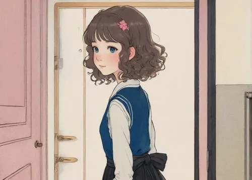 door,euphonium,in the door,locker,home door,door mirror,anime japanese clothing,doll's house,the little girl's room,blue door,open door,girl on the stairs,armoire,tsumugi kotobuki k-on,mari makinami,door lock,hair accessory,studio ghibli,worried girl,frame illustration,Illustration,Retro,Retro 17