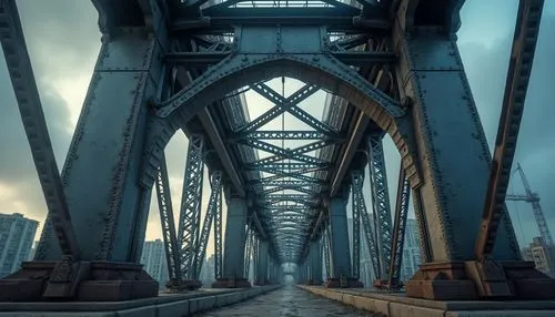 Industrial bridge, steel beams, strong pillars, rivets, metallic texture, reflective surface, modern architecture, urban cityscape, cloudy sky, dramatic lighting, low-angle shot, symmetrical compositi