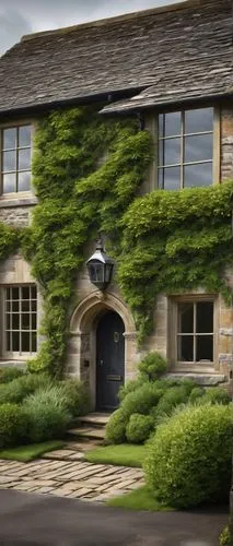 Lancashire country house, traditional English architecture, stone walls, slated roof, multi-paned windows, wooden door with metal knocker, climbing plants on facade, lush greenery surroundings, rollin