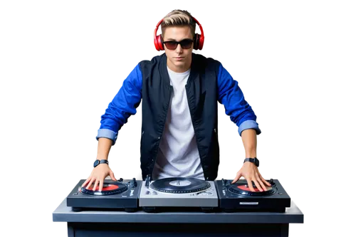 Disc jockey, male, young adult, cool hairstyle, trendy glasses, casual wear, headphones, mixing console, vinyl records, spinning turntables, dynamic pose, one hand on headphones, another on mixer, stu