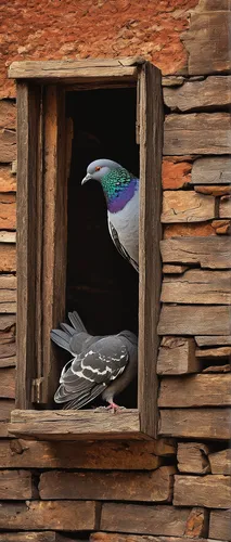 In a post-apocalyptic world, a lone survivor finds refuge in an abandoned pigeon house.,lilac-breasted roller,lilac breasted roller,nest box,pigeon house,nesting box,wood pigeons,blue-headed quail-dov