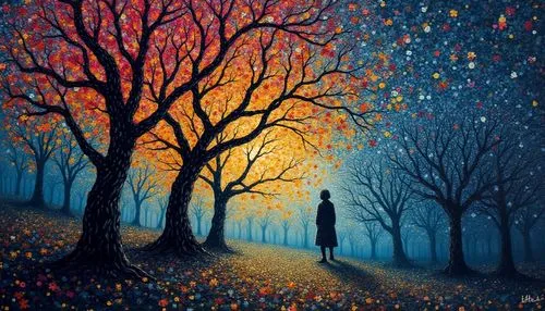 dubbeldam,girl with tree,forest of dreams,woman walking,girl walking away,oil painting on canvas