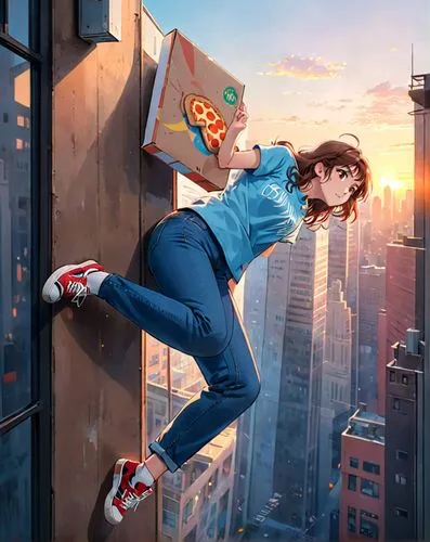 a photography of a beautiful caucasian  girl 23 years old, brown hair, brown eyes wearing a blue t-shirt and light blue jeans sports shoes whit a pizza's box in the hand whit the foot and a hand in th