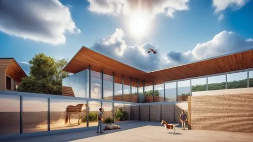 genera una imagen realista de esta foto, incluye texturas, colores, vegetacion, luz del sol, un espacio para interactuar con animales caballos ,school design,3d rendering,renderings,cantilevers,dunes 