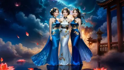 create a photo realistic image of three beautiful  Japanese very voluptuous goddesses. All three are floating in the void near a nebula in the back ground. All three females have beautiful angelic-lik