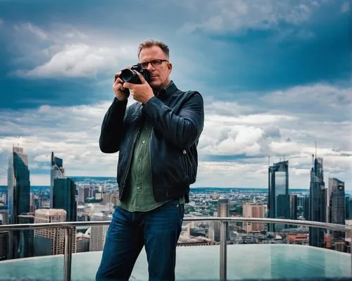 Famous architectural photographer, solo, mature man, glasses, short hair, casual wear, holding camera, standing, skyscraper, cityscape, modern architecture, steel structure, glass facade, urban jungle