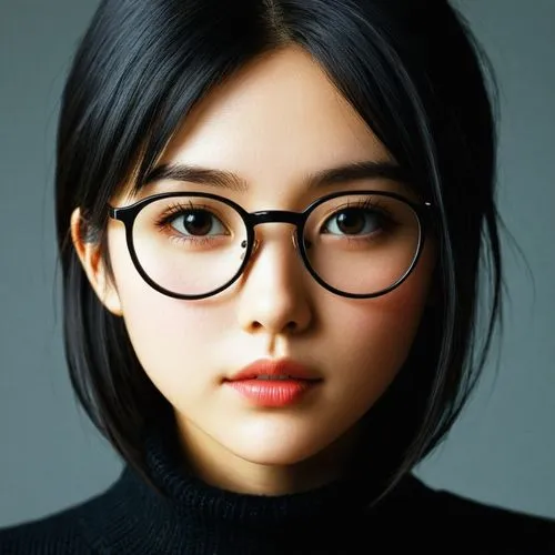 女生，眼镜，黑色毛衣，卡通,a young woman with glasses wearing black,spectacles,asian woman,glasses,with glasses,heungseon,silver framed glasses,Illustration,Japanese style,Japanese Style 11