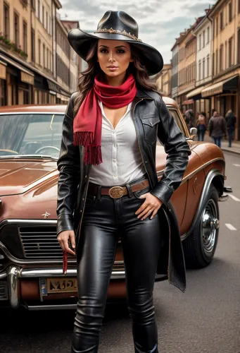 Beautiful European woman wearing a leather cowboy hat Wear a long-sleeved black leather cowboy shirt. tie a red scarf Wear tight jeans. and top boots Standing near a vintage car in the evening,leather