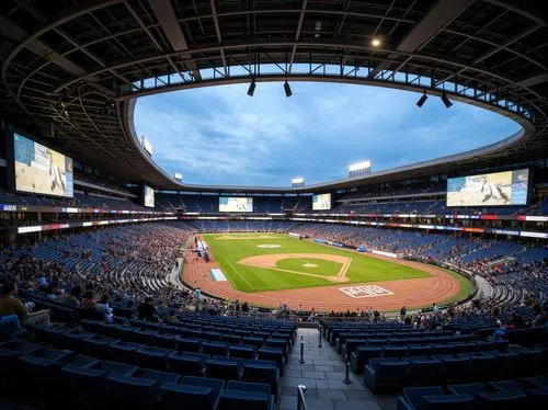 Stadium seating, tiered rows, vibrant audience, sports field, athletic tracks, scoreboard displays, giant video screens, floodlighting, evening atmosphere, dramatic shadows, shallow depth of field, 2/