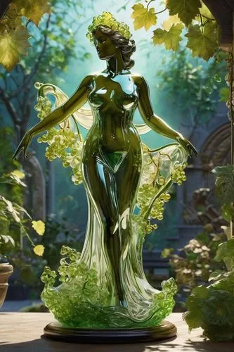 Mother nature garden clear glass statue, tall transparent clear glass statue , faintly gold tinted transparency, Faintly green tinted transparent grape vine Full chubby Female body, realistic, clear t