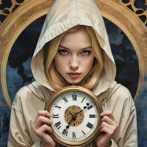 A girl with golden hair and wearing a black hood, clutching an antique wall clock, portrayed in a ballpoint pen and watercolour style, fluid watercolour strokes, top-notch finish, triple exposure effe