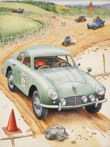 ferrari 166 s,1000miglia,daimler sp250,ferrari 275,jaguar c-type,ferrari 250,austin-healey 100,austin-healey 3000,ferrari 166 inter,ferrari monza,aston martin ulster,triumph tr3,aston martin db mark iii,jensen-healey,ferrari 250 gt drogo,aston martin db2,austin-healey sprite,aston martin le mans,maserati 6cm,jaguar xkss,Illustration,Realistic Fantasy,Realistic Fantasy 31