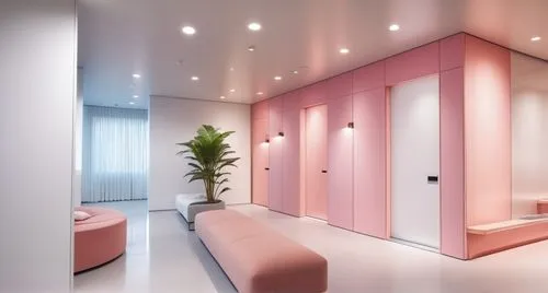 Beauty store consultation room hallway design, wall surface, ceiling white tone, floor from pink to white, sofa fabric, minimal plant, kitsch and minima,salmon,beauty room,luxury bathroom,rest room,sh