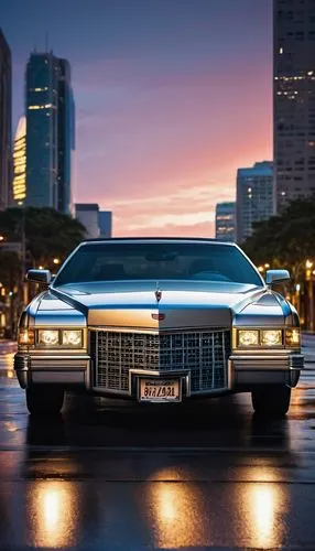 Luxury car, Cadillac Eldorado 2024, shiny metallic silver body, sleek headlights, chrome grille, curved lines, LED taillights, alloy wheels, low-angle shot, evening lighting, cityscape background, sky