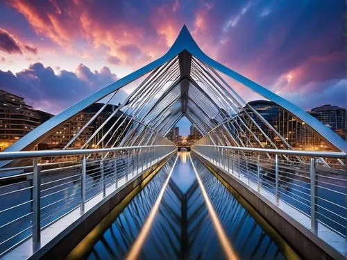 Modern architectural bridge, futuristic design, sleek lines, silver metal structure, geometric shapes, urban cityscape, river crossing, pedestrian walkway, evening lighting, warm glow, dynamic reflect