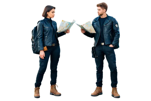 Two adventurers, free, male and female, 25yo, athletic build, short hair, scar above eyebrow, leather jackets, rugged pants, boots, backpacks, holding map, compass, and binoculars, standing back to ba