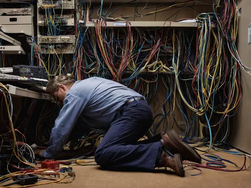 An exhausted electrician completing a long day of rewiring an entire office complex.,wiring,electrical wiring,electrical engineer,electrician,the server room,repairman,telecommunications engineering,e